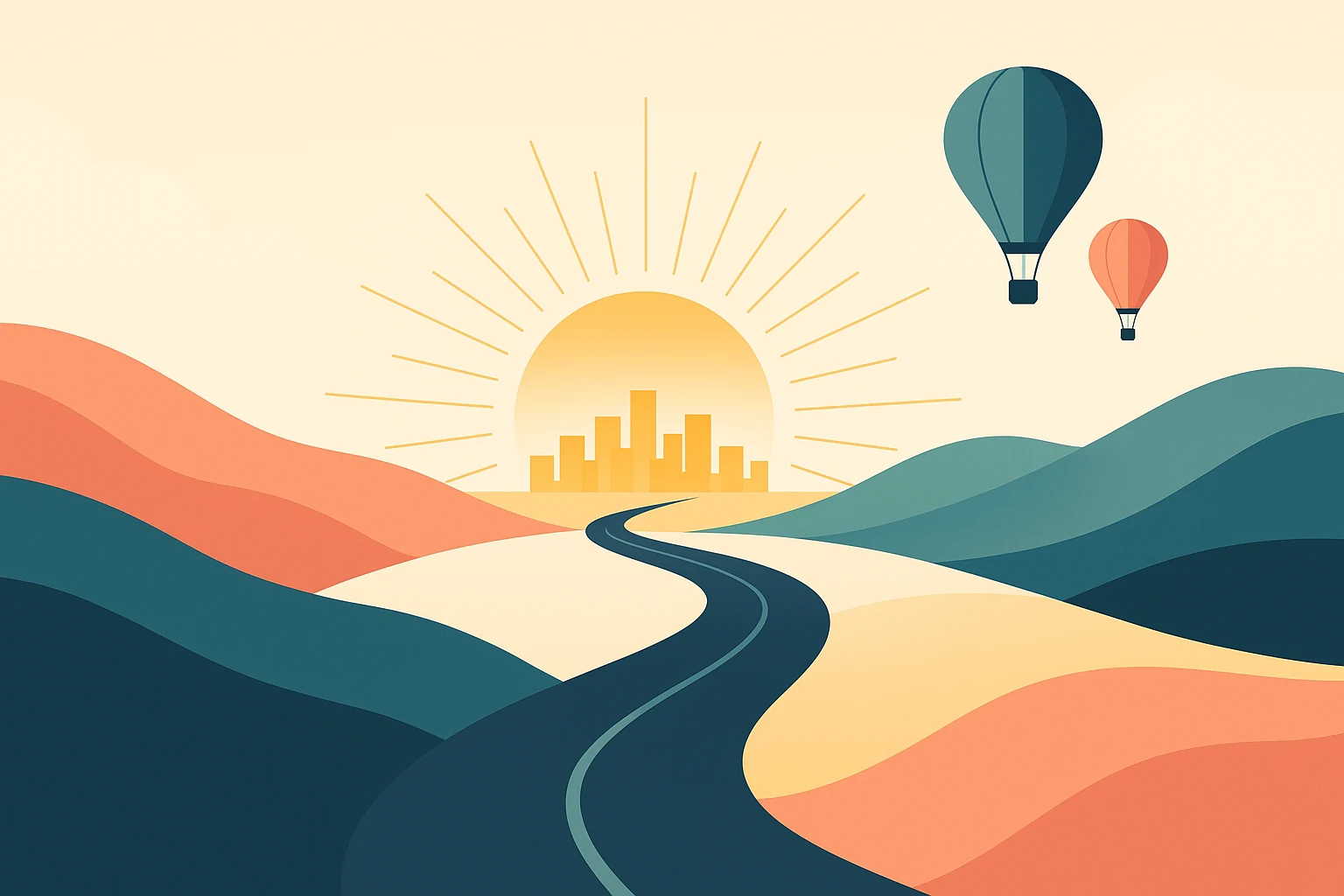 A radiant sunrise over a road leading toward a city of light